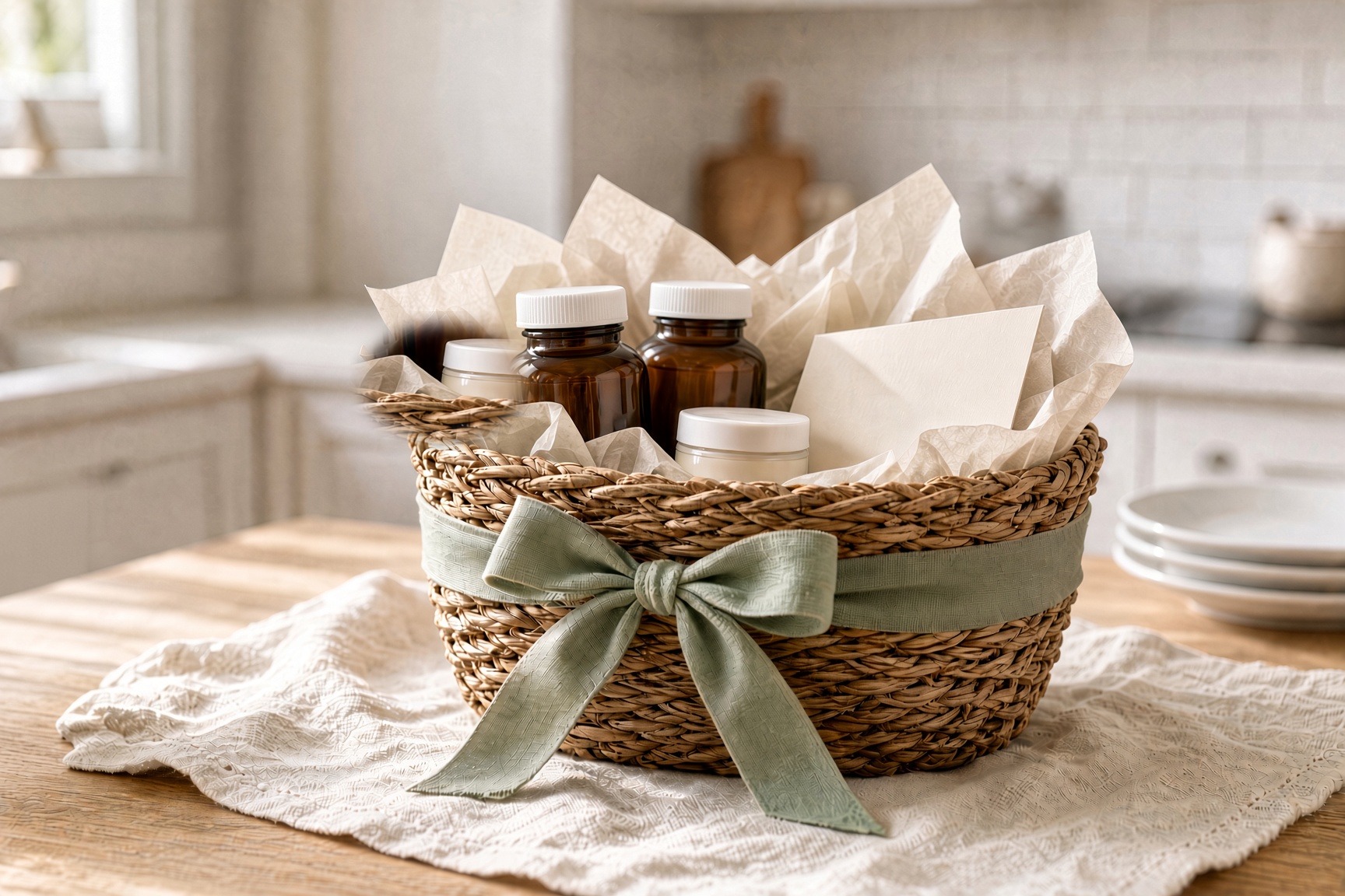 A gift basket of supplements wrapped in tissue paper