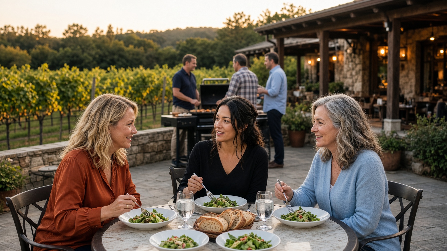 Three women talking over lunch, men at a barbecue behind them