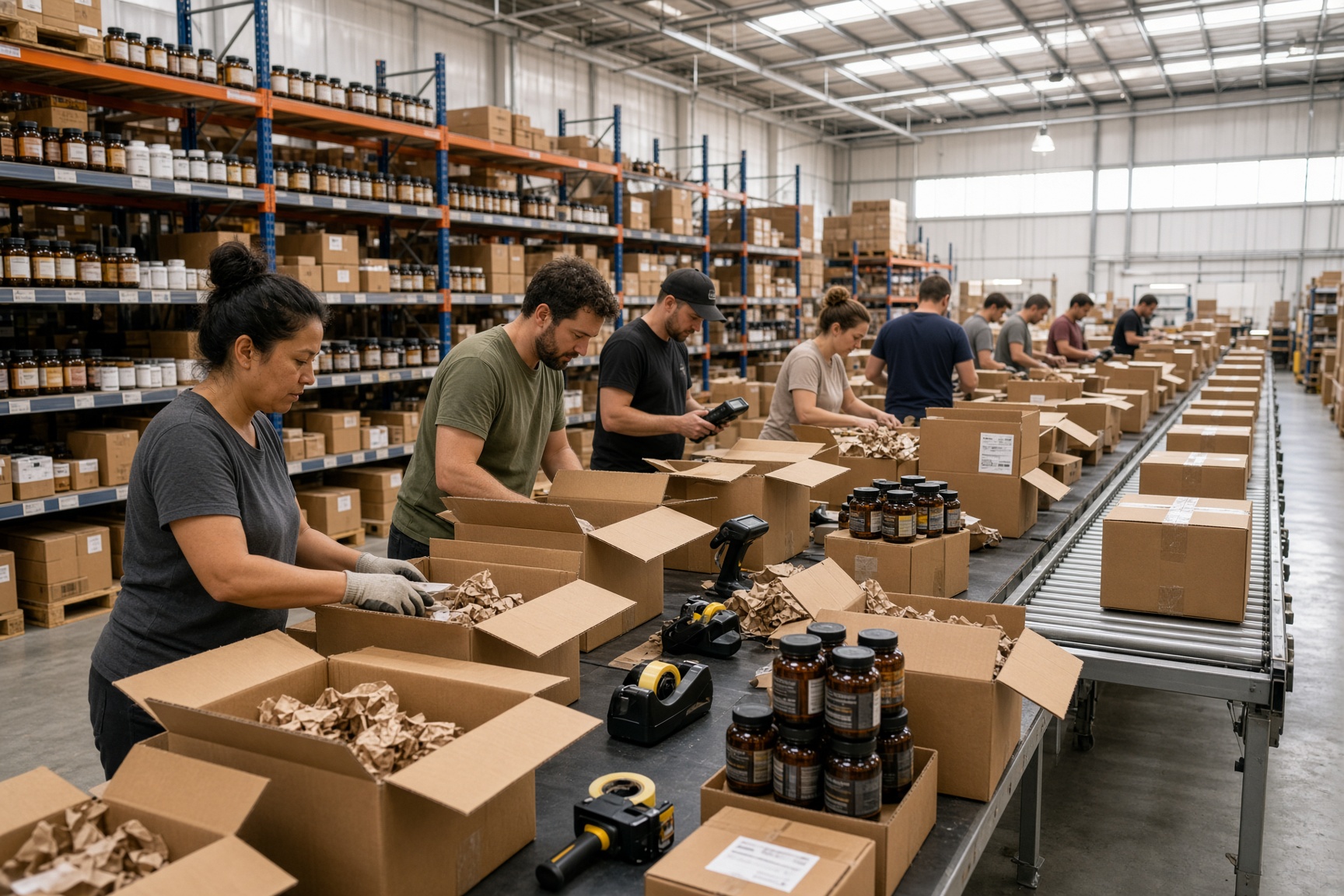 A busy packing floor with several orders being boxed