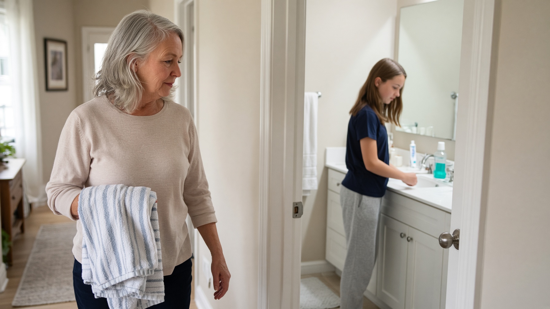 A grandma walks past the open bathroom door while a teenage girl is inside