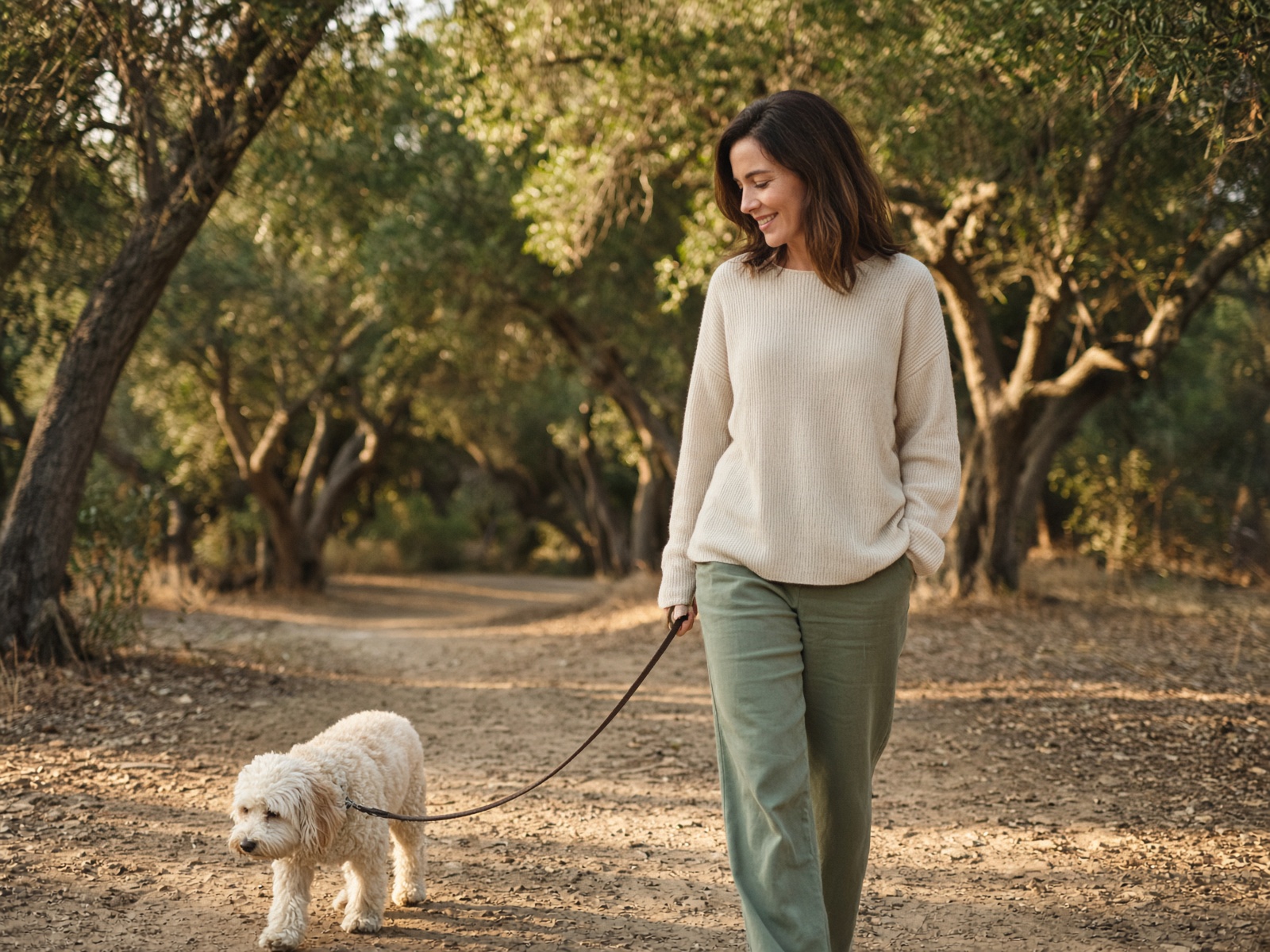 Woman walking a dog on a sunlit path